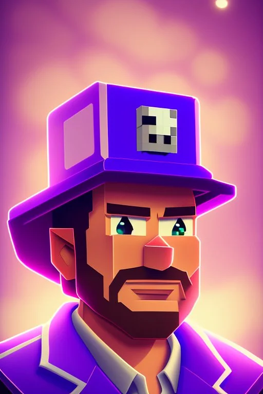 a portrait of a purple Minecraft guy, cute, farmer look, 2d, large pixel style