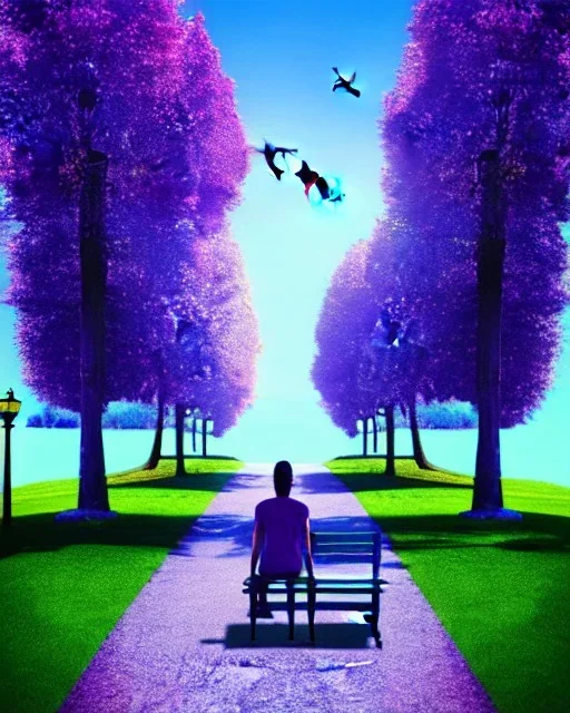 park mystical dream, park bench, man, woman, child, dog, pretty blue and purple trees, blue path, bird, jogger, sunshine, mystical, fantasy, romanticism, digital art, movie poster, cinematic, cinematic lighting, award-winning, beautiful colors, daylight, daytime, blender render, vibrant,