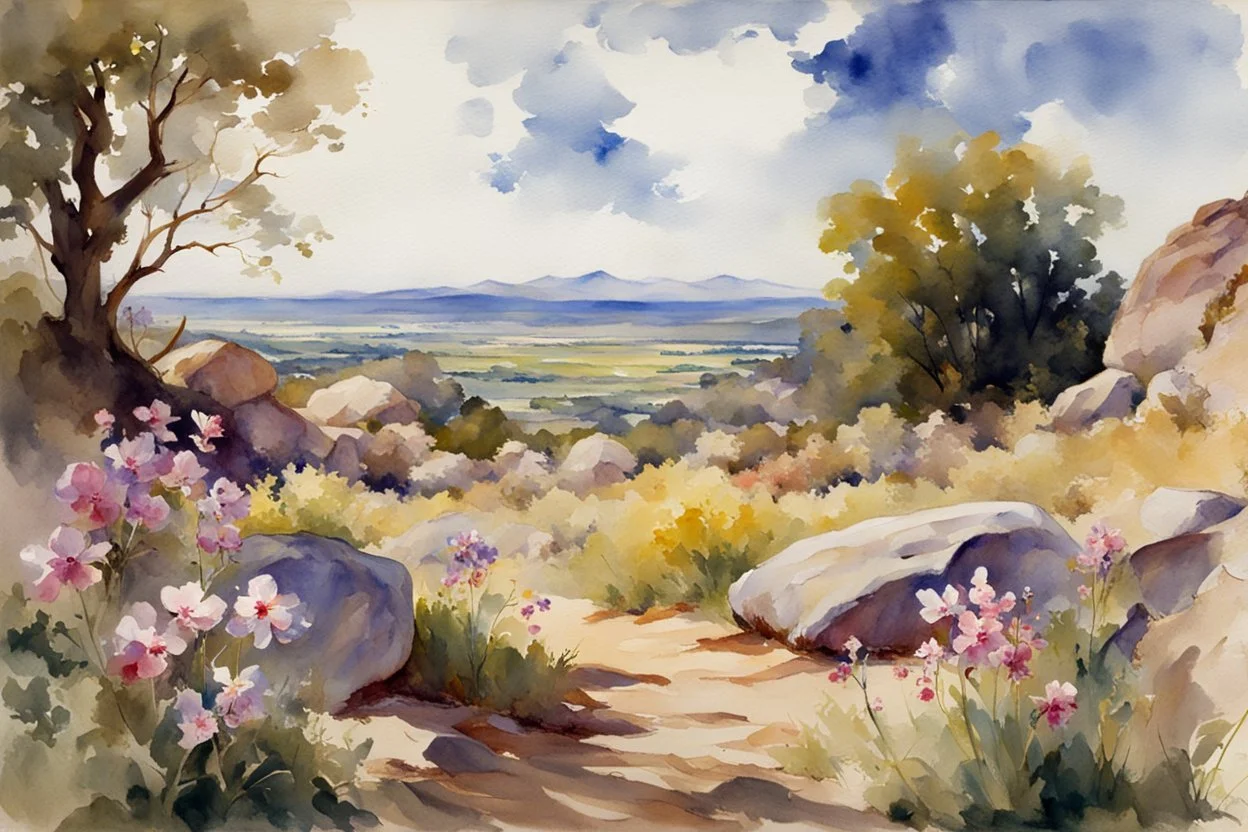 Sunny day, clouds, flowers, rocks, trees, distant mountains, spring, sci-fi, fantasy, john singer sargent watercolor paintings