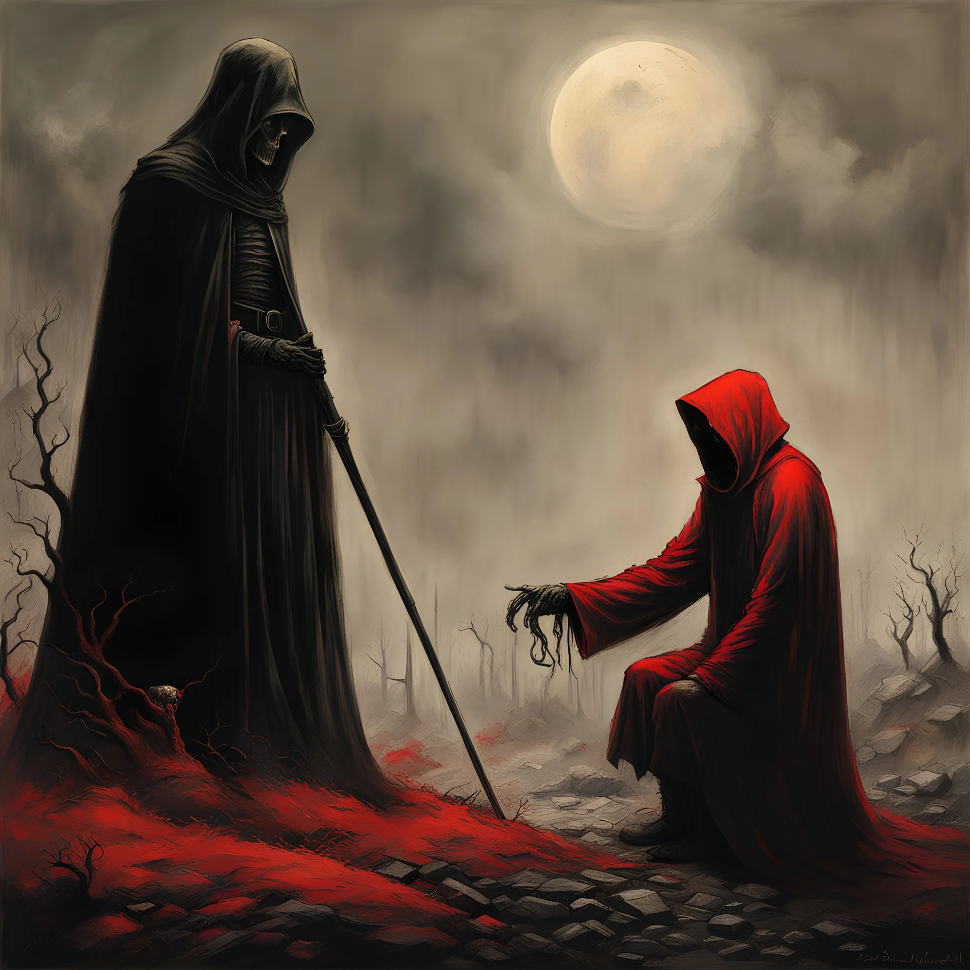 a traumatised soldier finds relief as he takes the hand of Grim Reaper, no face, dark art, horror of war || in the style of Zdzisław Beksiński, red and black, depicting the spiritual and mental trauma and agony of a war veteran, and his final relief from this anguish