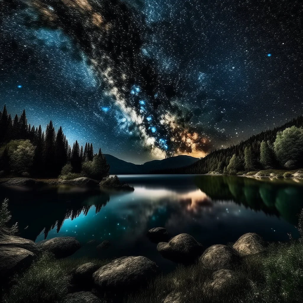 stunning night sky filled with stars and the Milky Way over a tranquil lake. --sref 4078766316 4149964749 2970491688 --v 6.0 --s 400 --p rcp1jio --style raw Modifiers: elegant Award winning photography fantasy illustration 8k very attractive beautiful fantastic view hyperrealistic 4K 3D crisp quality Unreal Engine cinematic postprocessing Thomas Kinkade pencil sketch stars Arthur Rackham Surrealism neon glowing Planets luminism Iridescent black ink lines Heavenly bodies Ink on water Thomas Kinka