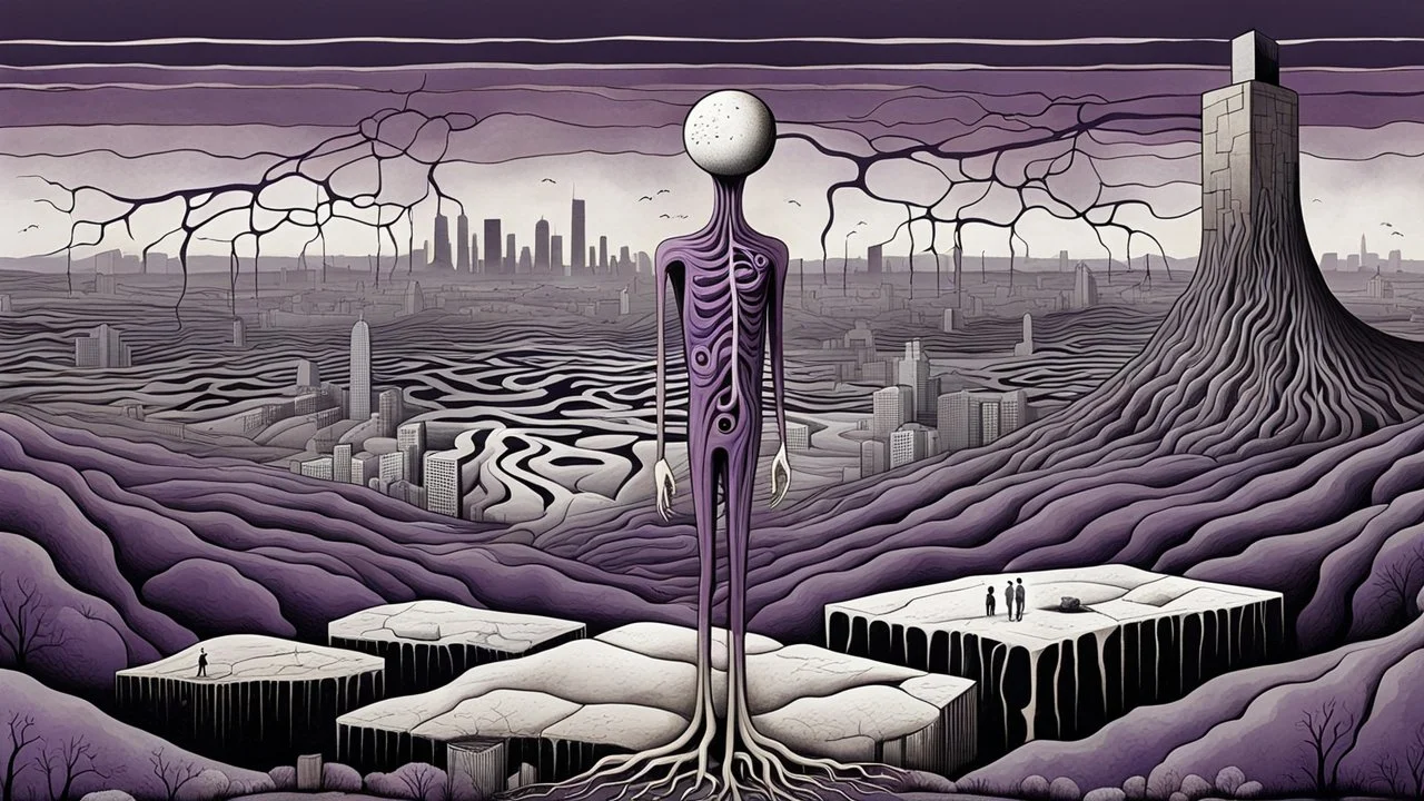 inner an giant block of stone a human figure stands of several layers outside around weird landscape with city in the distance, sharp lines, fade pale eyes, fade human figures in city, dark purple, gray, black, white, brown. Whimsical style and surreal vibe, lonely with absurd broken land, neuron network background, surreal nightmare vibe