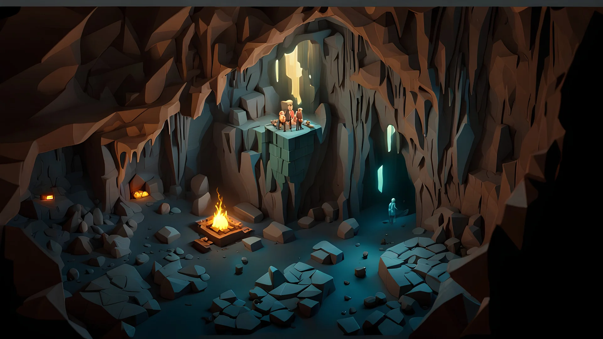 blocky 3D low poly cartoon render style of the image, fantasy environment view from above, a cave interior view from inside, dark and gloomy mood, an ancient sarcophagus is standing in the center of the cave, lightened with a beam of light form above there are a couple of stalactites growing from the ground, a campfire lightens a small part of the cave on the left