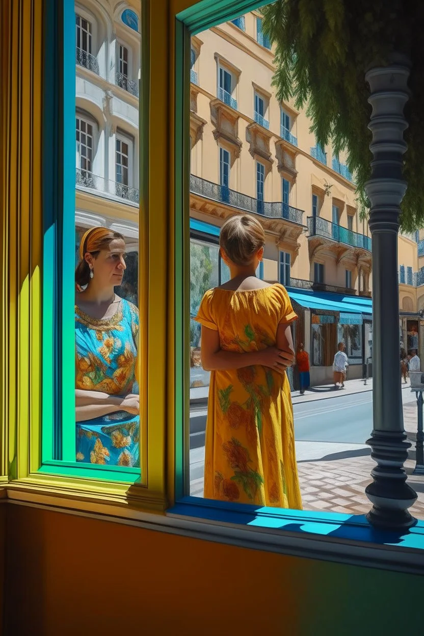 Neoclassicism mother and child looking at a shopwindow distend zoom out realistic cote d'azur colorfull