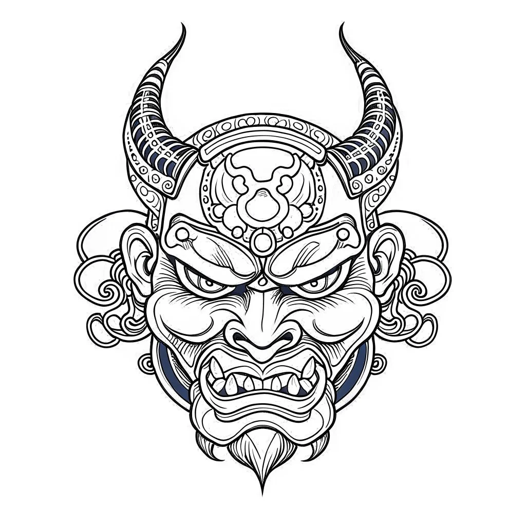 White, minimalis line art , oni mask japanes , vector, white background, outline, with images neatly contained within the background, just black and white color, tatto style.