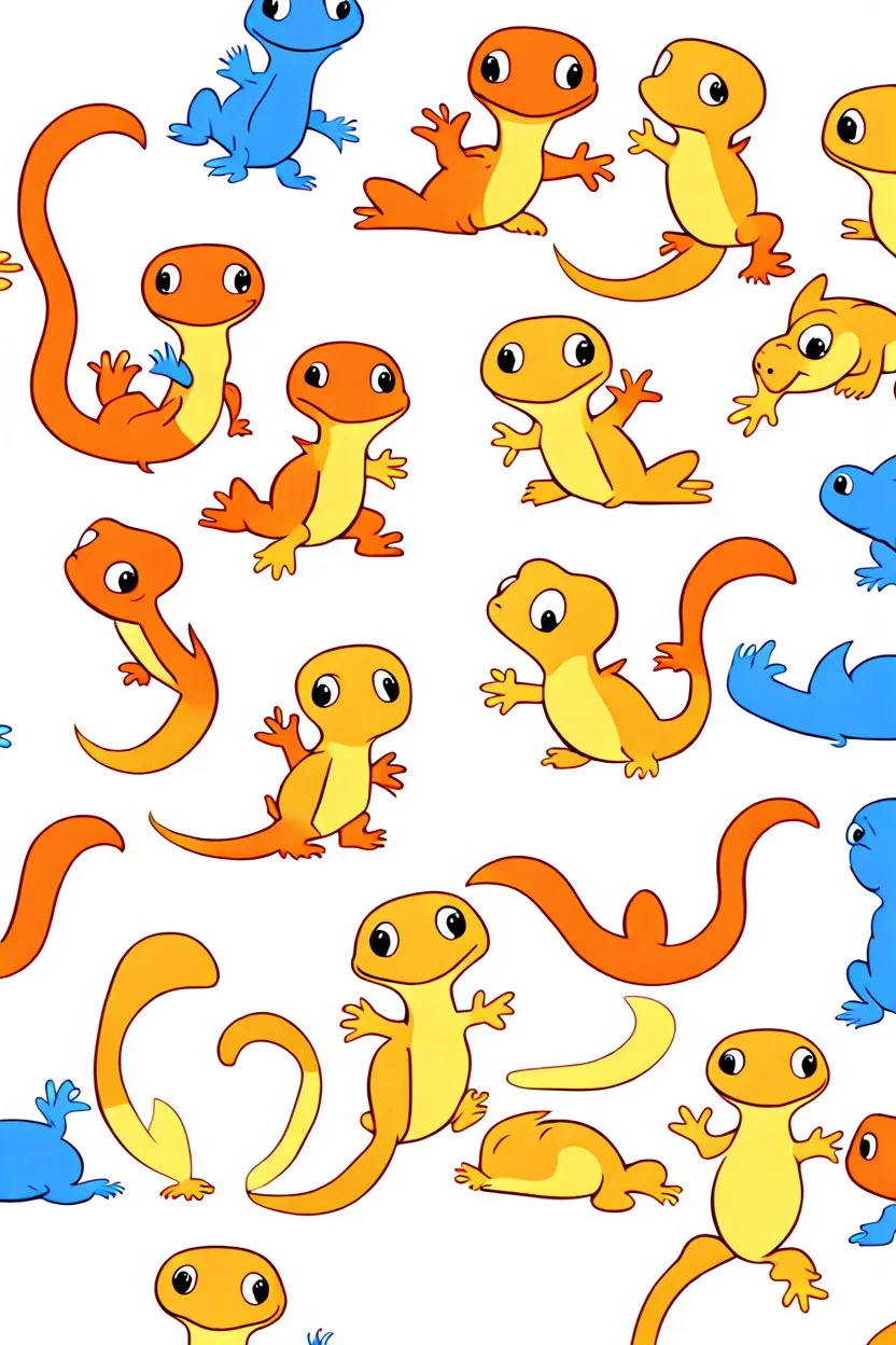 Lots of little tiny cute cartoon newts