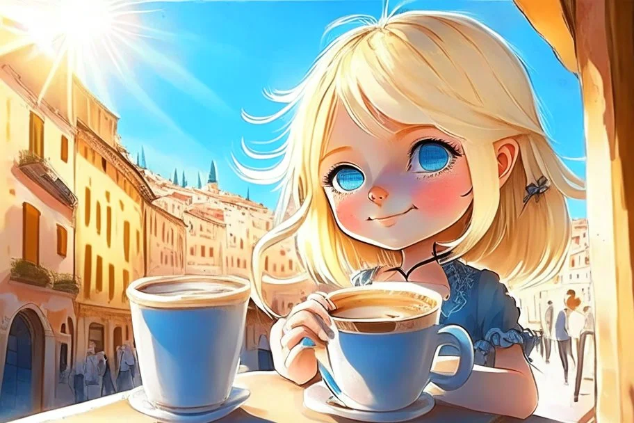 contented cute blonde blue eyed chibi girl drinking coffee in Italy in sunshine