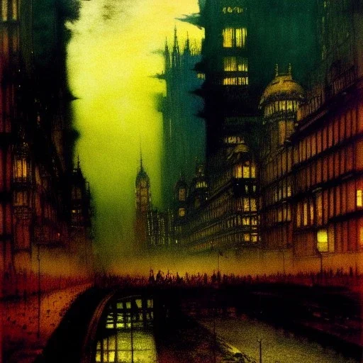 Metropolis Skyline ,dark colours, watercolor, volumetric wool felting, macro photograph , by john atkinson Grimshaw, detailed painting,matte painting, alphonse mucha, greg rutkowski