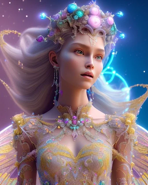 A portrait of a crystalline fairy, smile, mythical,fantasy , magnificent, majestic, highly intricate, Realistic photography, incredibly detailed, ultra high resolution, 8k, complex 3d render, cinema 4d