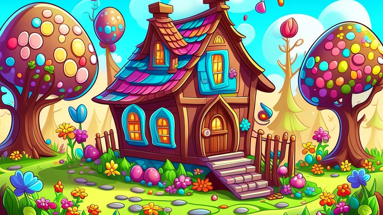 Fantasy cartoon illustration: a colorful little house in the garden full of chocolate eastern eggs