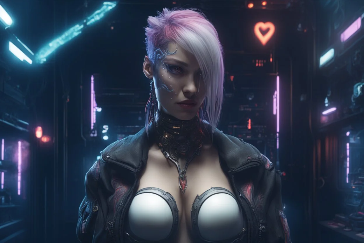 4k full realism, full details, full lights, coeur en flammes cyberpunk