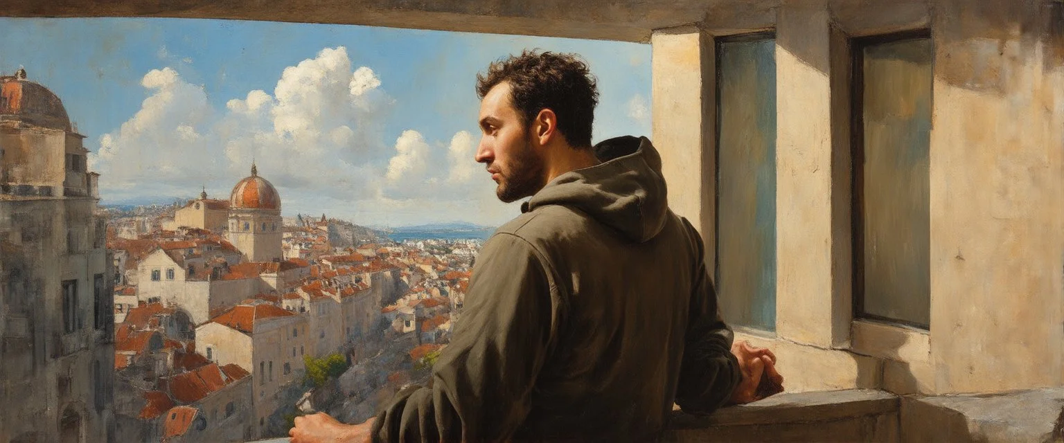 man in a hoodie is watching from the balcony painted by andrea del sarto