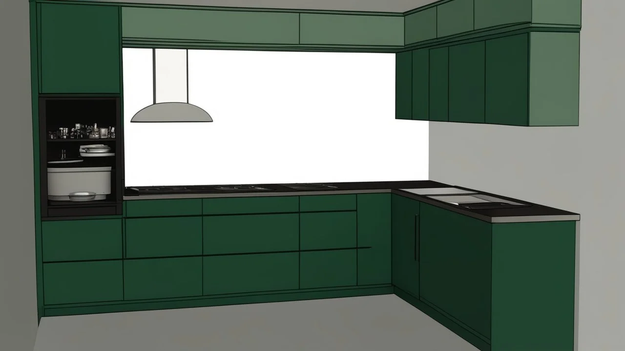 dark green kitchen with forest wallpaper on the white wall, very realistic