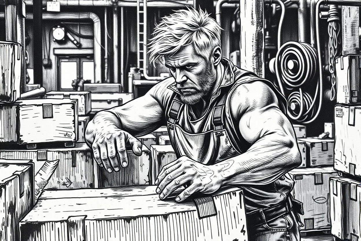 a working man (light swedish hair) pushing objects in a factory, sweating really hard, muscles are exploding, the man have worked through years of day and night never ending, black and white hard marker painting rough style, he pushing with raw power boxes and ibc, baxers