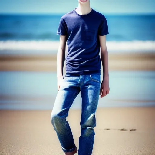 beautiful, smooth, realistic, Russian male, 15 y/o boy, beach, face, jeans, slim, extremely sharp detail, finely tuned detail, ultra high definition, 8k, unreal engine 5, ultra sharp focus, smile teeth, happy