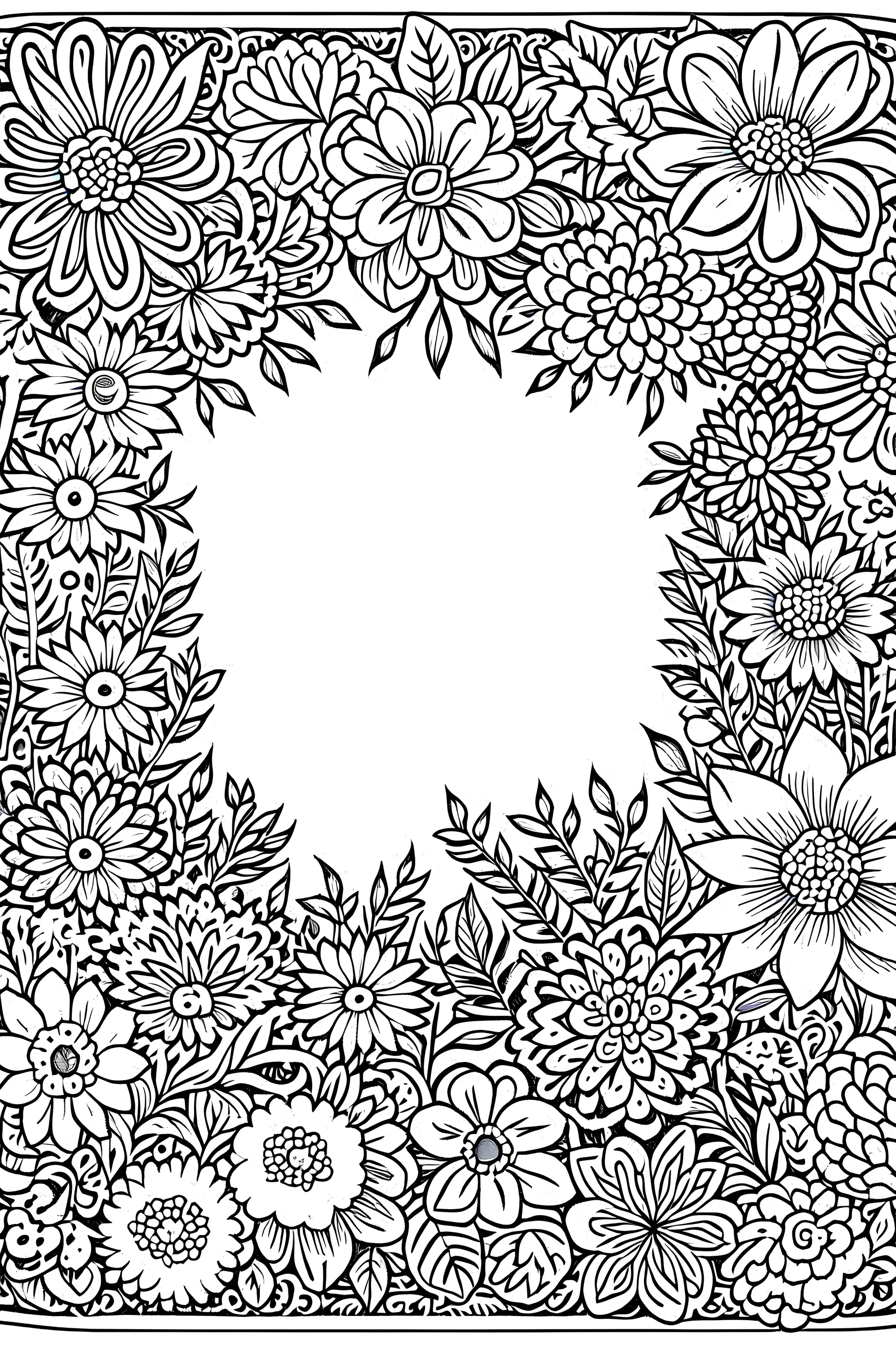 black and white wide beautiful frame made out of flowers for coloring pages, use a lot of big flowers in the frame, go all the way to the edges for the frame and leave a lot of space in the middle of the page, use only black and white, clear crisp outlines, no black background, go all the way to the outer edges of the page, use more space in the center of the page, make it rounder, use less shading