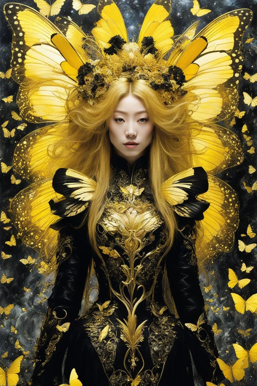 style of Yoshitaka Amano ~ Butterfly Empress, long huge flowing gold hair, yellow eyes. dressed in a cosmic gold plated Armor made of gold butterflies. standing in a room made of butterflies. surrealist. Shades of luminous black and yellow piercing shadow, reminiscent of Beuys and Qian Xuan.