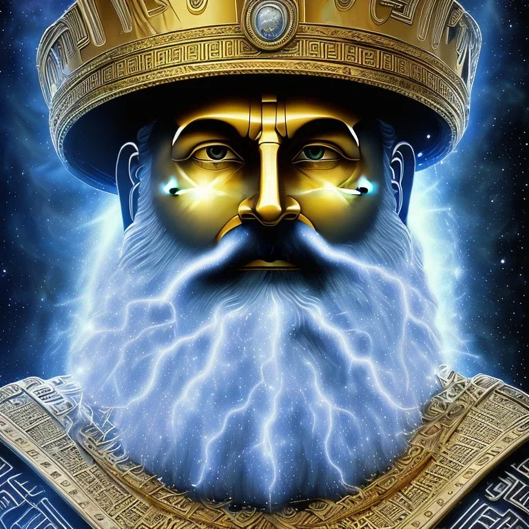 photo realistic, symetrical, centered, ultra detailed, digital art, in center is a portrait of highly detailed greek colossus god zeus surrounded by galaxy codes seeking knowledge, gray beard, crown filled with crystals, detailed face with human skin color, eyes filled with galaxy, dominating colors = gray light blue and dark gold, lightning, smoke,