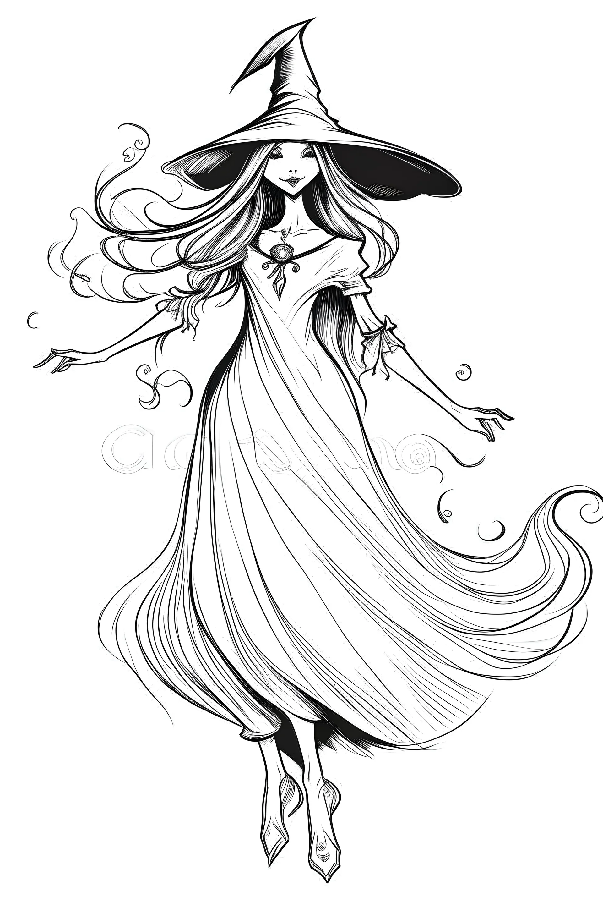 A page with witch, white background, sketch style, full body, only use outline. No shadow clear and well defined .