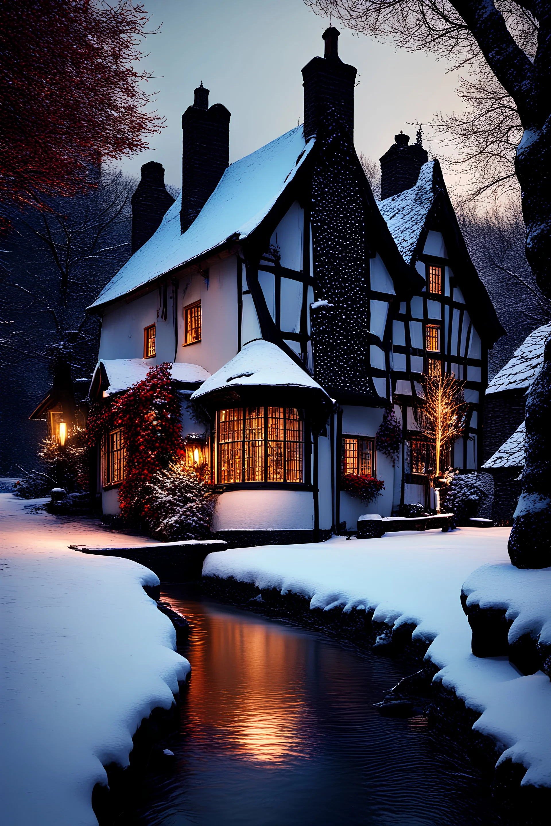 A moonlit night, snow covered landscape with very slow flowing river, overhanging tree branches with colourful leaves, A small English village with candles in windows and snow on the roof, 8k, sharp focus, highly detailed, cinematic lighting, 8k