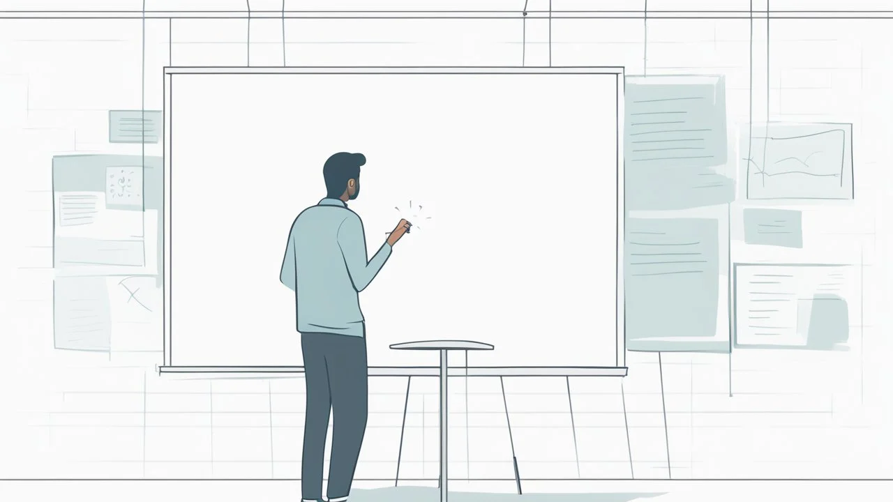 The image for the article depicts an individual standing in front of a blank whiteboard, deep in thought as they contemplate various ideas and experiments. The image symbolizes the significance of experimentation and learning from mistakes in achieving personal growth and benefiting from life experiences.
