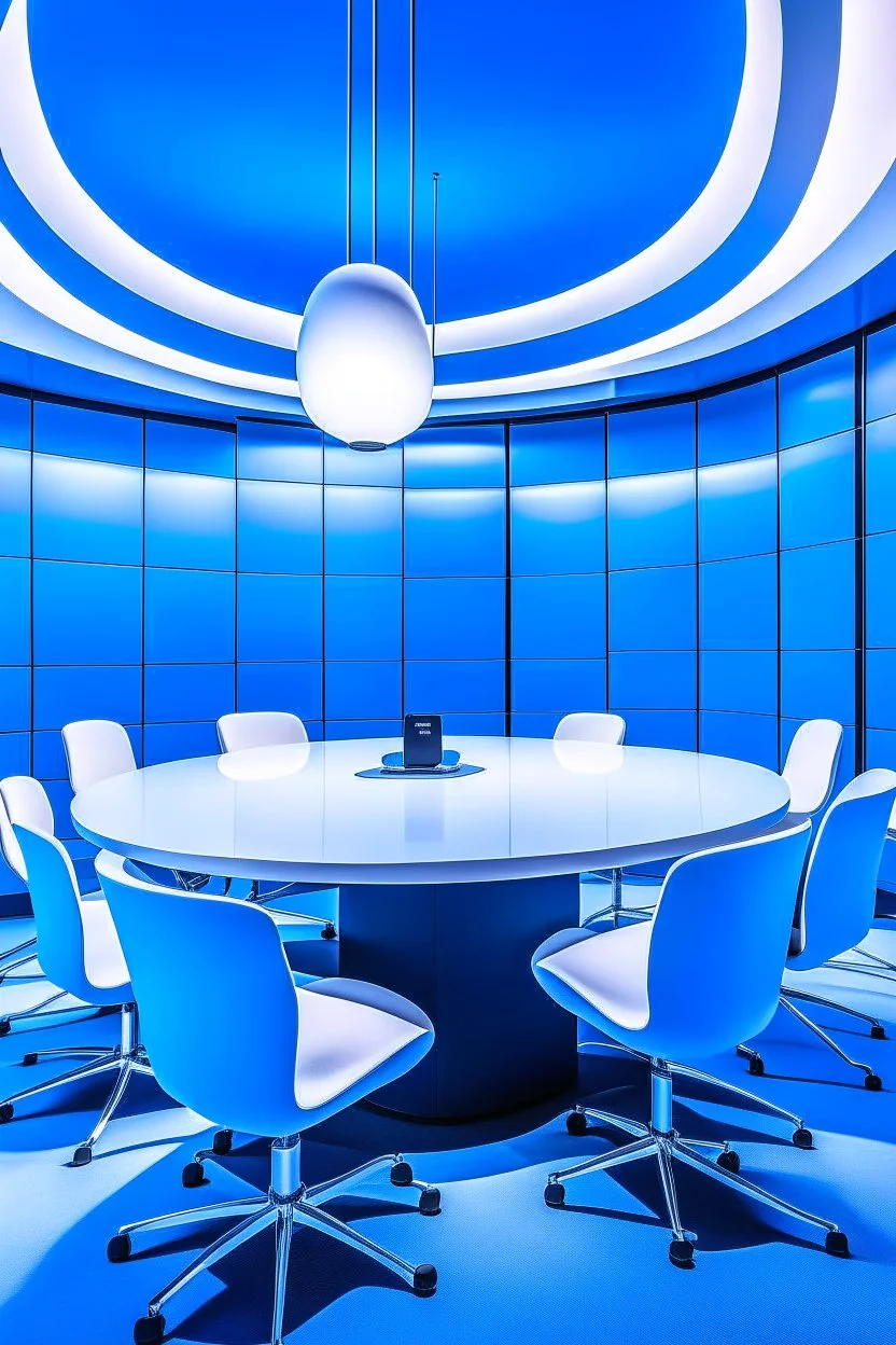 A meeting room with blue walls and a white floor, and the meeting table is oval in shape