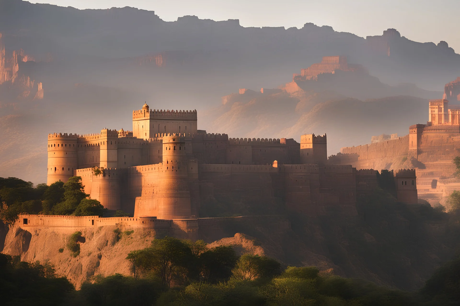 'Agra fort style', grey granite fortress situated in hilly Highlands seen from far away built into the shadows of granite cliffs with the sunset behind it