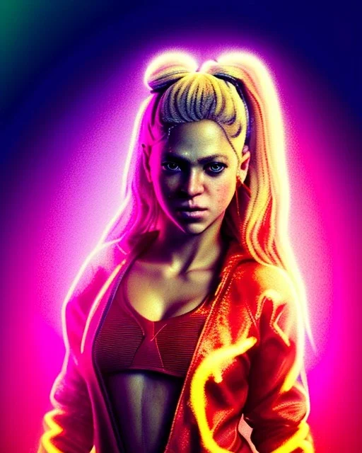 portrait, Shakira, blonde artist, angry, Realistic image, MMA robe, hoodie, mouthguard, nose, band aid, loose long hair, eyes make up, line gold make up, glow, circle iris. Rain, fog, Neon colors, leds. Dark background, photo studio, neon lights. concept art, smooth, unreal engine 5, god lights, ray tracing, RTX, lumen lighting, ultra detail, volumetric lighting, 3d, finely drawn, high definition, 4k.