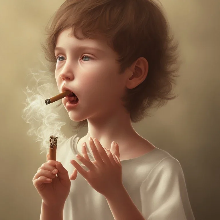 Portrait of a beautiful but angry child smoking a leaf cigarette, the body parts of the child are accurate and clear, the fingers of the hand are intact.