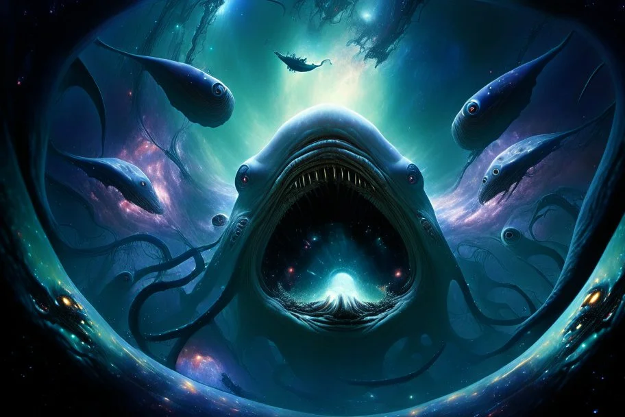 View into an event horizon in space with many enormous strange tentacled whale-like creatures with huge faceted eyes and mouths, flying around