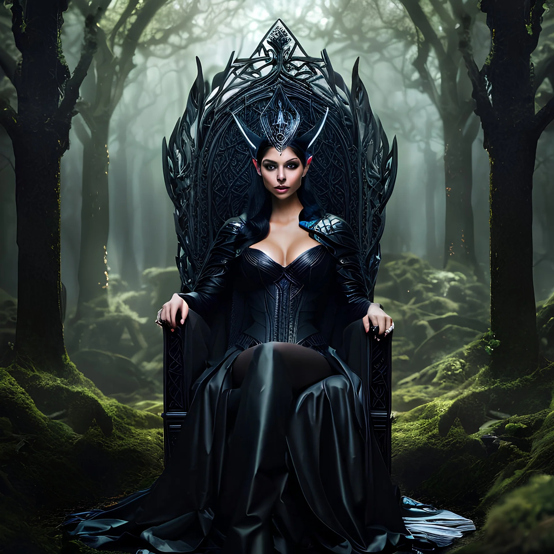 Morena Baccarin as a beautiful sexy dark elf queen seated elegantly on a throne in a mystical forest, dark celtic vignette frame, photo-realistic, cinematic lighting, award-winning photography