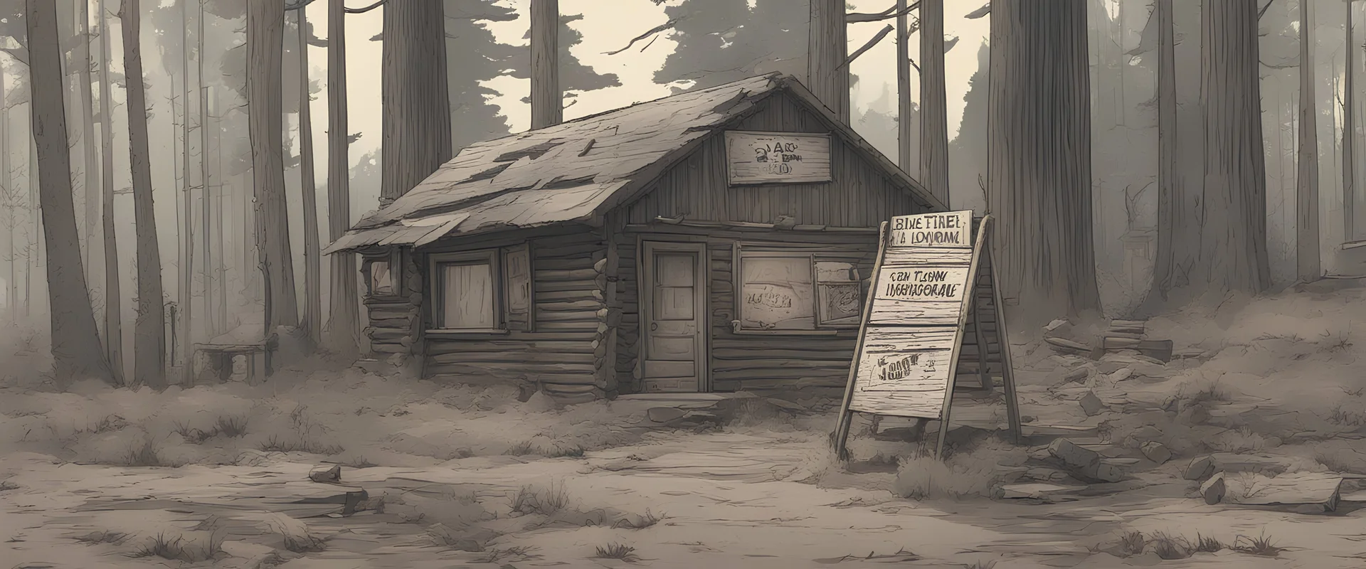 log cabin, post-apocalyptic, comic book, forest, cinematic, from far away,