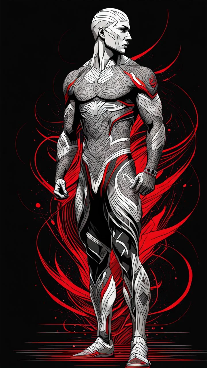 Full body Art illustration lineal art Bran Mak Morn calidad ultra, hiperdetallado, 12k, fondo negro, color blanco, rojo, negro y marrón full body