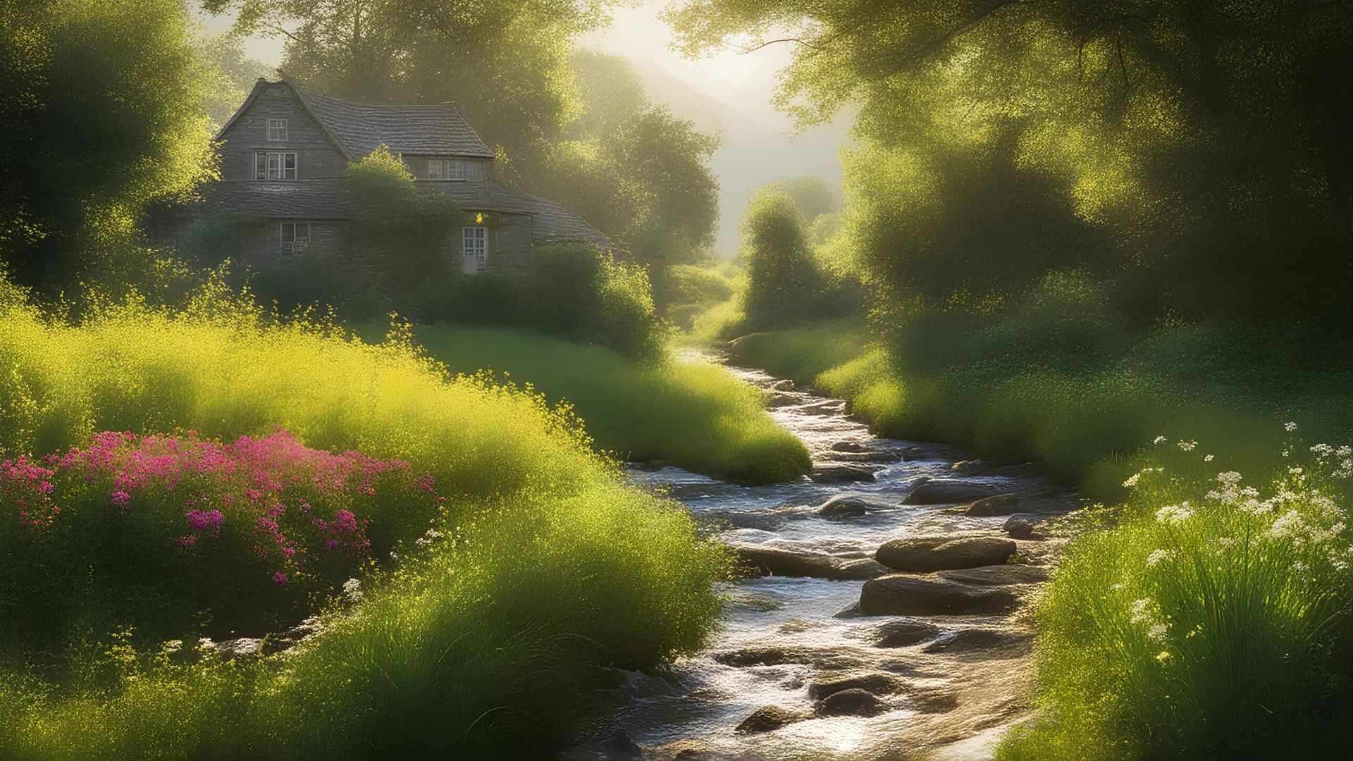 Beautiful realistic rural landscape, warm sunshine, lush plant growth, flowers, human habitation, brook, peaceful, delightful, idyll, award-winning photograph, detail, beautiful composition, attractive colour, chiaroscuro, rule of thirds