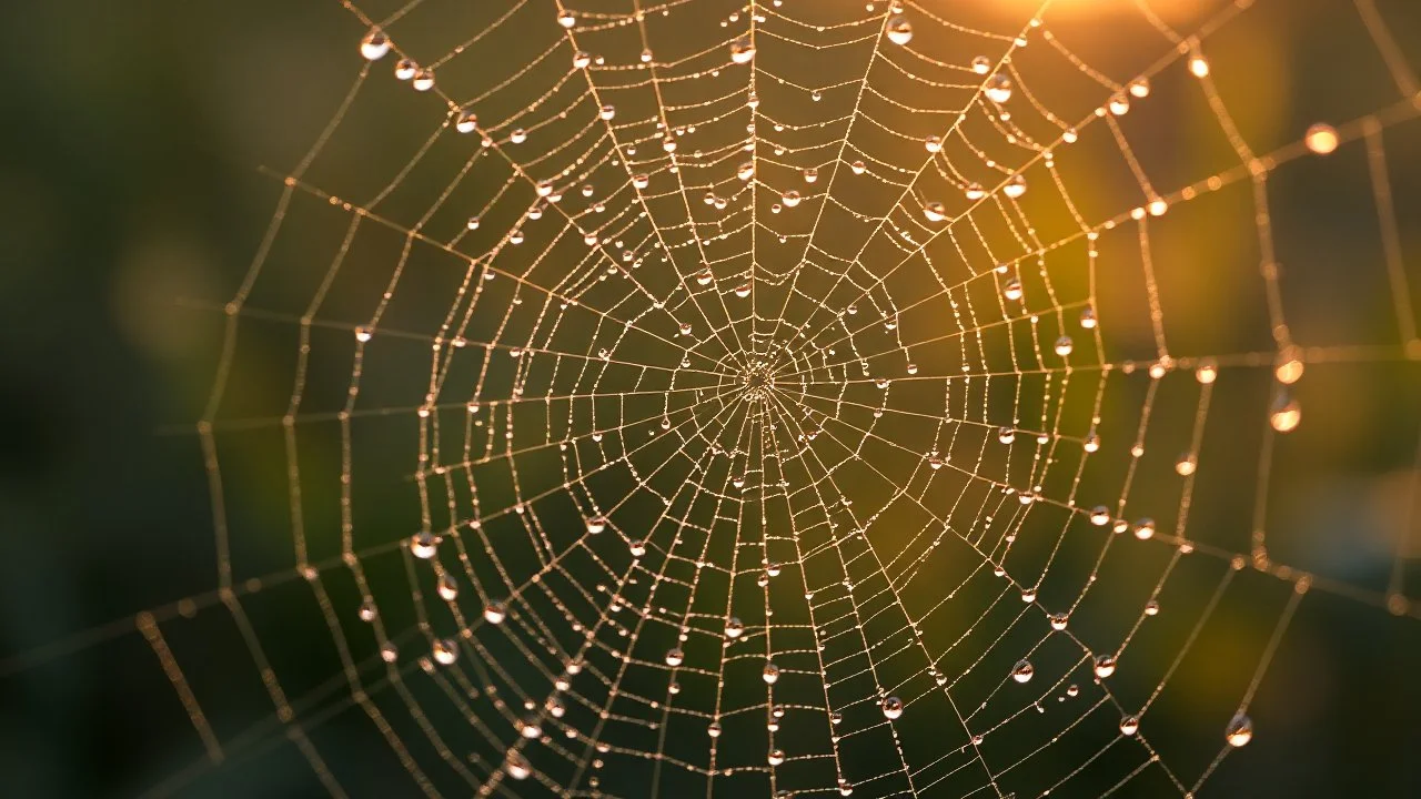 Create a close-up shot of a dew-covered spider web at sunrise. The light should softly reflect on the water droplets and create small rainbows to create a lovely vibe.