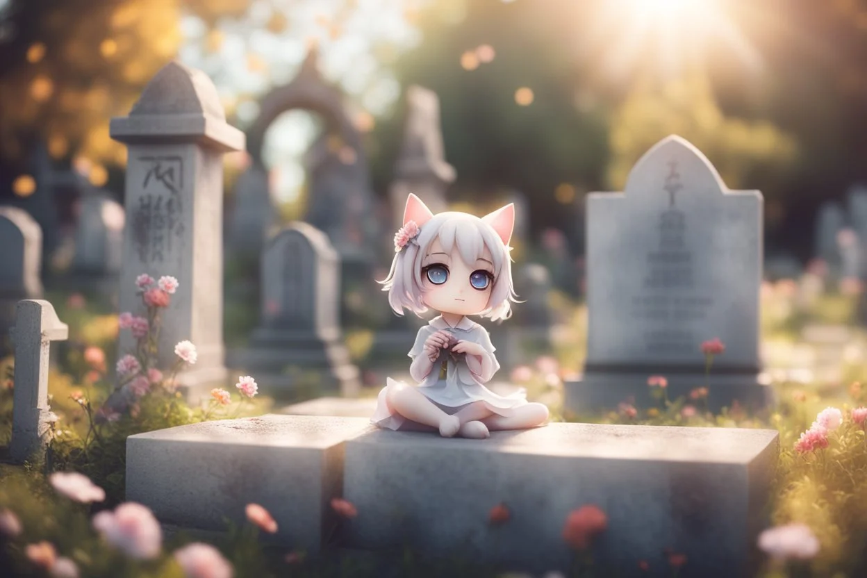 cute chibi anime cat girl in the graveyard, sadly sitting next to a grave, flowers in her hand in sunshine, ethereal, otherwordly, cinematic postprocessing, bokeh, dof