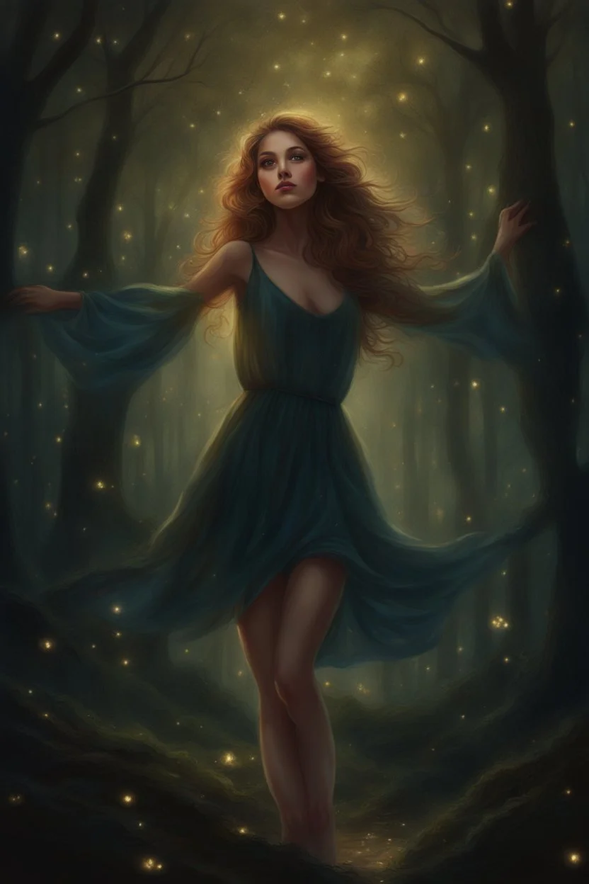 Painting of a dream girl in a fantasy forest, glitters in the forest background, digital painting, fantasy painting, dancing girl, song, fantasy art, fantasy girl, beautiful girl, beautiful face, 25 years old, beautiful painting, forest In the background, dark night, glitter in the background, fantasy forest, haunted forest