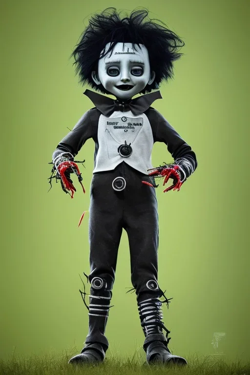 Edward scissorhands toddler, tshirt, full body, jump, bokeh, hyper realistic