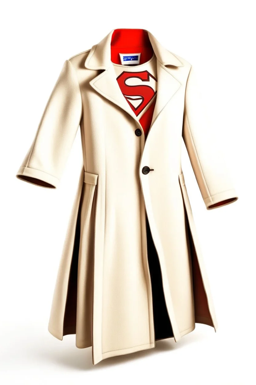 Men's Superman's Zara overcoat Winter elegant inspired by Superman's emblem design beige tones with dual color on a white background, product catalog photography, soft spot lighting, depth of field, 4k –ar 3:5 –q 2