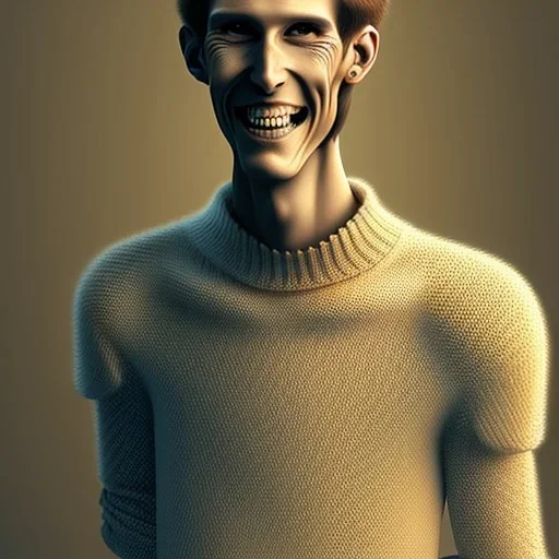 a full picture of a tall rattled skinny man with short dry hair in a light color wearing a knitted sweater grinning with teeth with long bony fingers