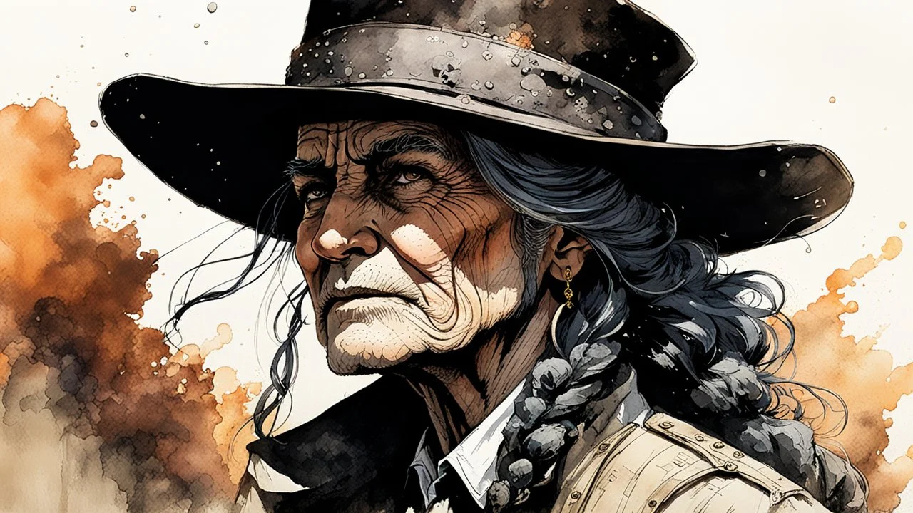 create an ink wash and watercolor, close up, full body portrait of an aged female, late 19th century Louisiana bounty hunter in a battered bowler hat, Hunt: Showdown, La Luz Mala, in the comic book style of Warren Ellis ,Bill Sienkiewicz, and Jean-Giraud Moebius highly detailed hair and coarse, lined, rugged, weather worn feminine facial features, ragged, worn clothing, grainy, gritty textures, foreboding, dramatic volumetric lighting , vivid natural colors