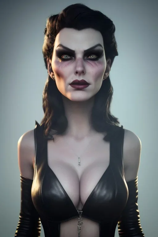 Amy Dumas as evil queen in black leather, leather, busty, cleavage, angry, rage, stern look. character design by cory loftis, fenghua zhong, ryohei hase, ismail inceoglu and ruan jia. unreal engine 5, artistic lighting, highly detailed, photorealistic, fantasy