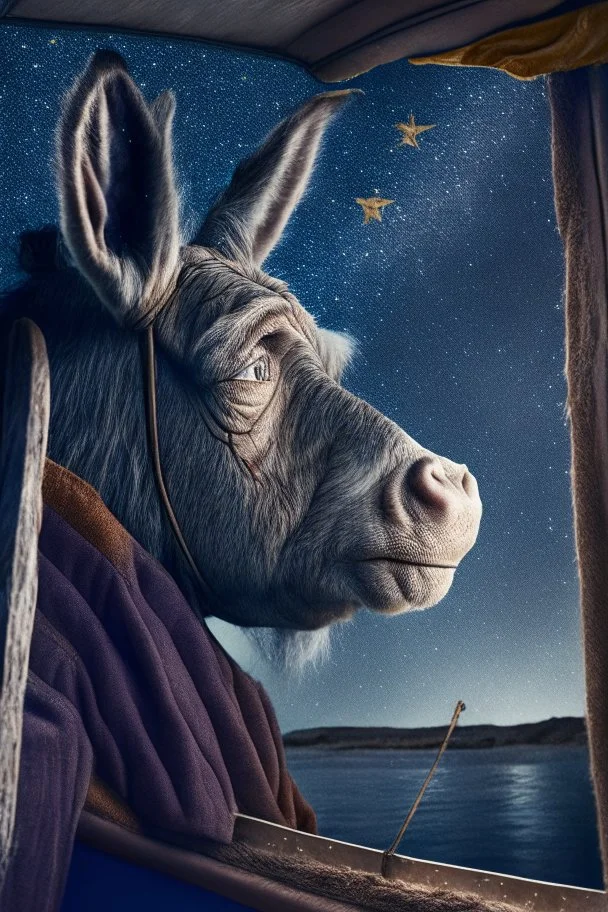 grandpa donkey portrait with background star field seen in the window of a boat, 4 k, trending art, depth of field