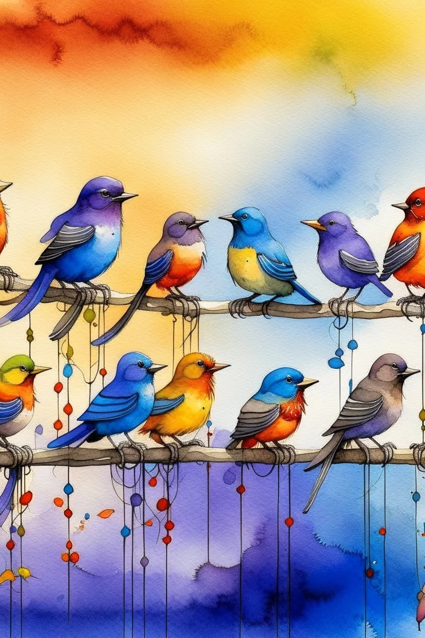 A captivating watercolor illustration featuring six exquisitely rendered birds perched gracefully on a wire. Each bird exhibits a unique color palette, from the rich browns and grays to the bold blues, reds, and yellows, culminating in the enchanting purple hue. The composition emphasizes the birds' side profiles, creating a dynamic visual effect. Their vibrant plumage beautifully contrasts against the pristine white background, resulting in a harmonious blend of nature and color that captivates