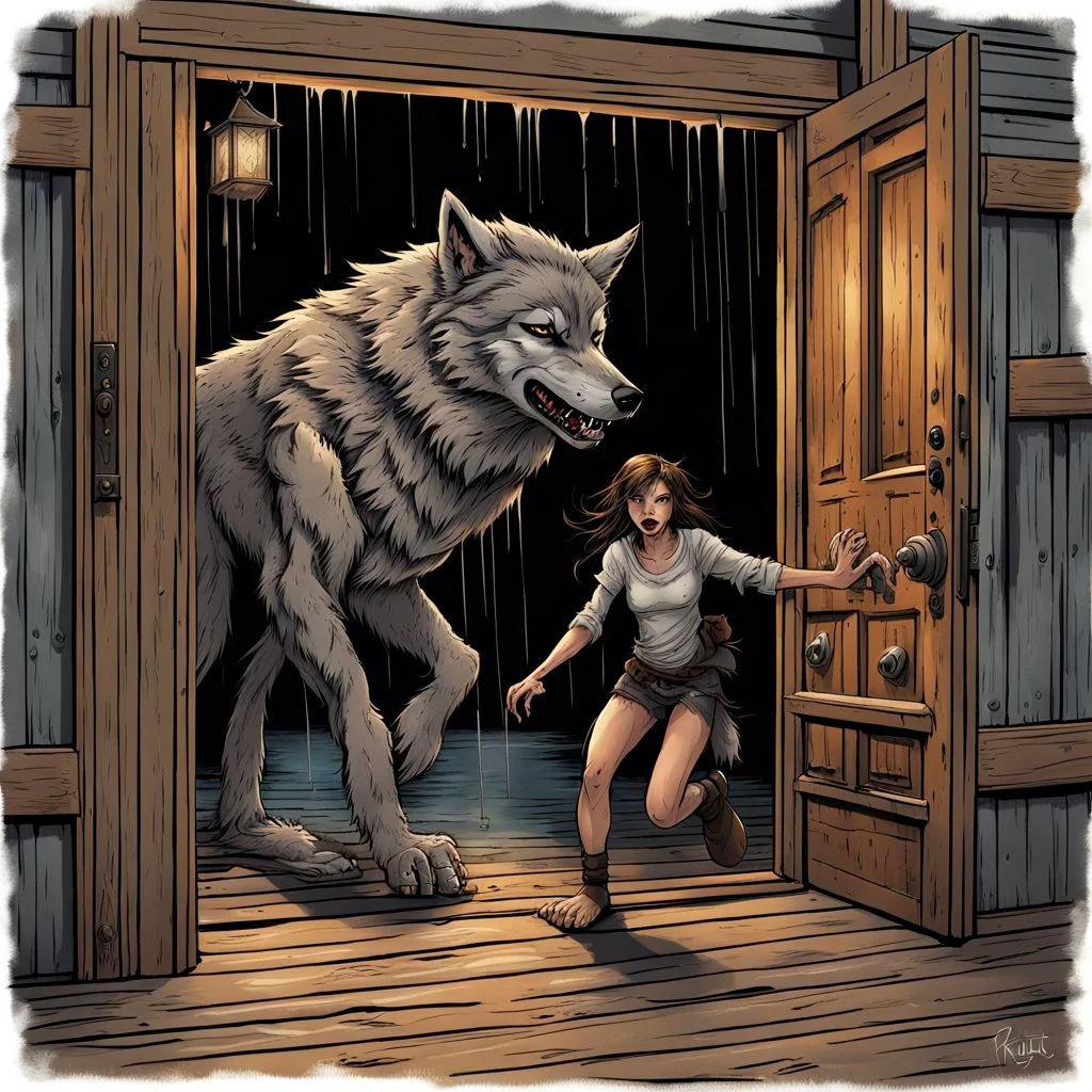 fantasy digital art of young female anthro wolf in gray hairy wolf body and wears just a short canvas rag around her waist , sadly face in the rain front the door, behind her an tall angry anthro dark hairy wolf man and kicks her out the door, behind in rustic halb open door in an massive wooden house, deep colors, rainy day, detailed, anthropomorphic creatures, fantasy, sci-fi mood