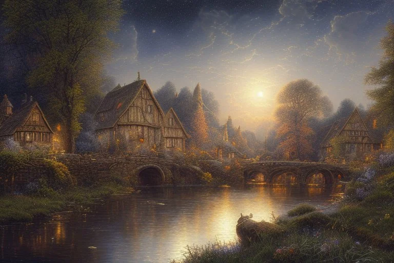 A Cotswold village, a brook, a bridge, Full moon, beautiful celestial sky, Milky Way, hyper-detailed art by Ivan Kramskoi. elegant intricate oil on canvas beautiful high detail award winning fantastic view crisp quality hdr