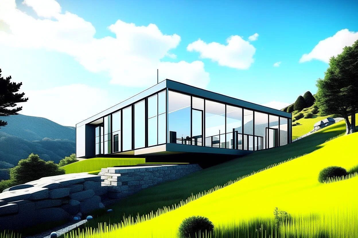 Modern, minimalist house located in a picturesque landscape. It is characterized by large glass windows and a clear exterior, providing an unobstructed view of the surrounding environment. It is built on a flat area surrounded by grass and rocks, with imposing mountains and trees in the background. The sky is clear, it is a serene and calm day, architecture, vibrant