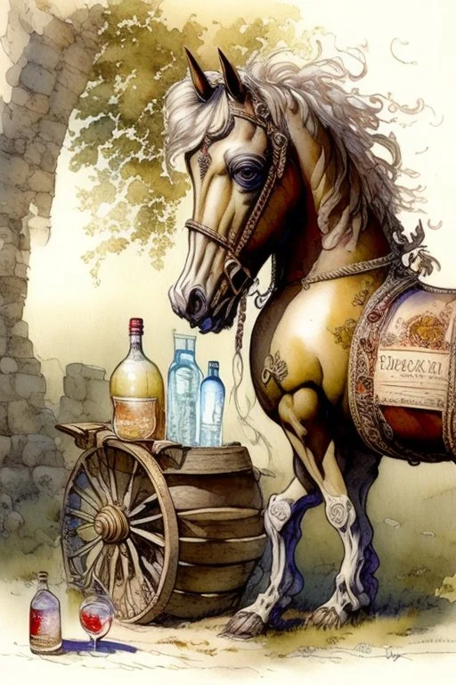 A rocking horse and bottled drinks by Jean-Baptiste Monge, watercolour and ink, extremely detailed, crisp quality, very attractive, fantastic view, award winning in sunshine