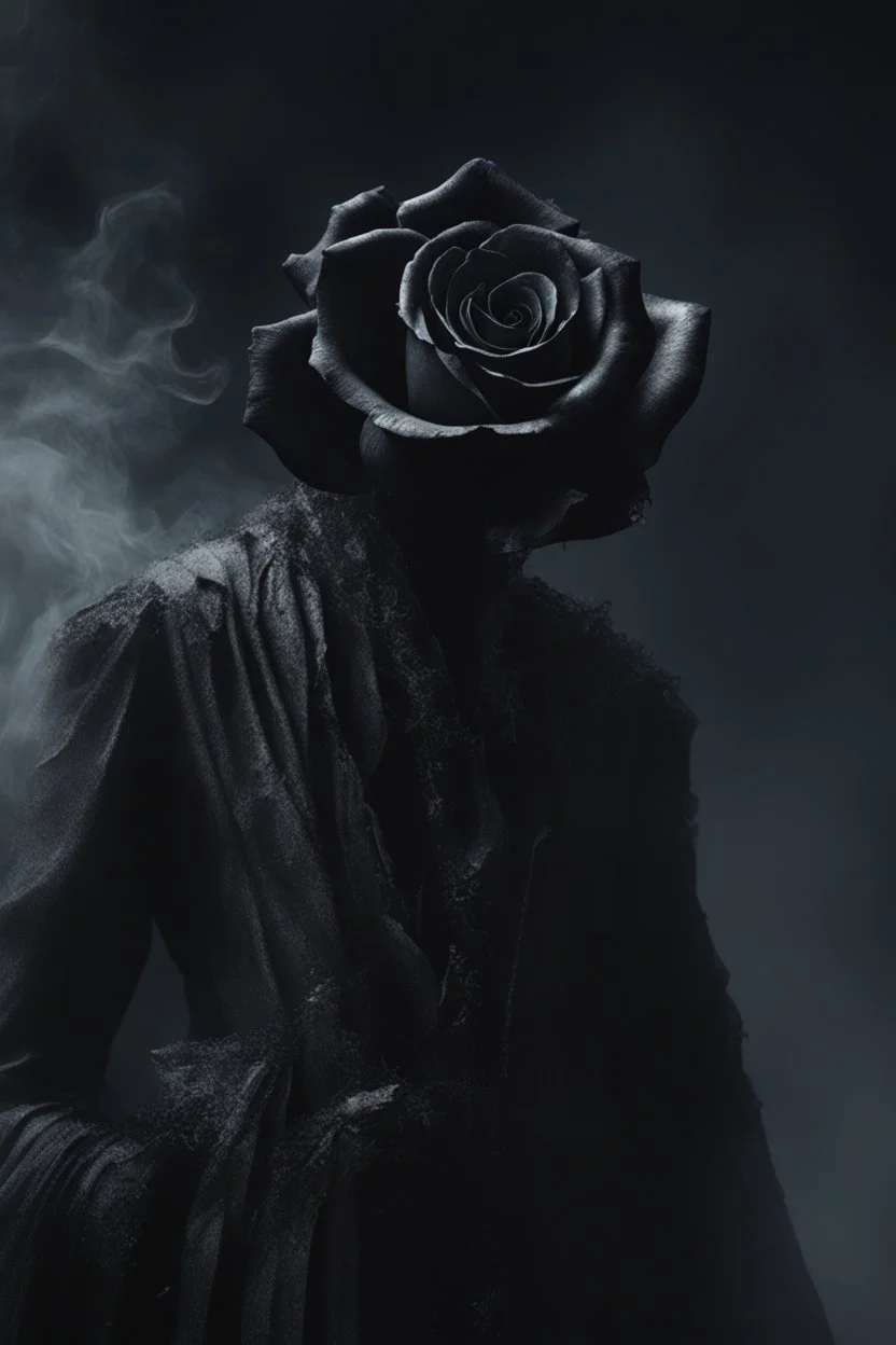 Close up of a shadowy figure, crushing a black rose and blowing the ashes In the wind, highly realistic, Gothic, sad, 8k quality, abstract background