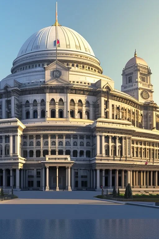 Huge parliament building with classical and modern architechture mixed pride paint covering the building